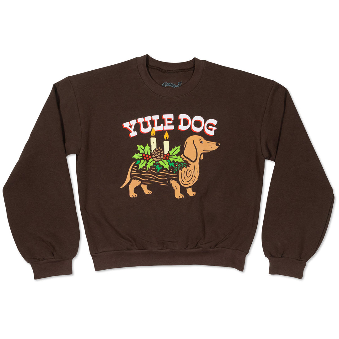 Brown sweatshirt with a Christmas-themed dachshund graphic and 'Yule Dog' text on a white background.