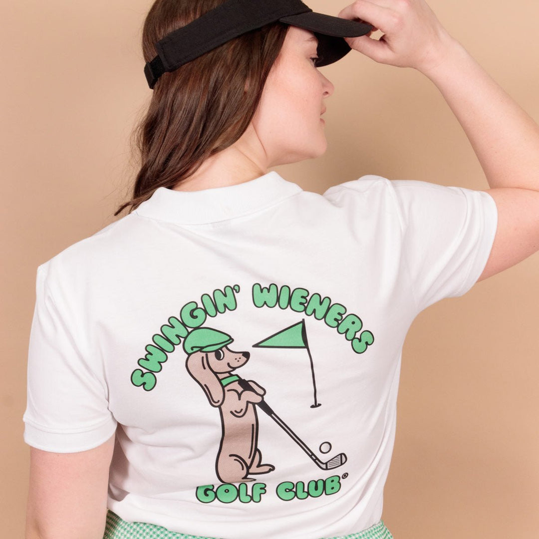 swingin’ wieners golf club unisex polo | white - bean goods
