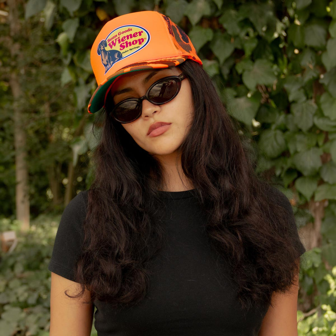 wiener shop hat | hunter orange camo - bean goods