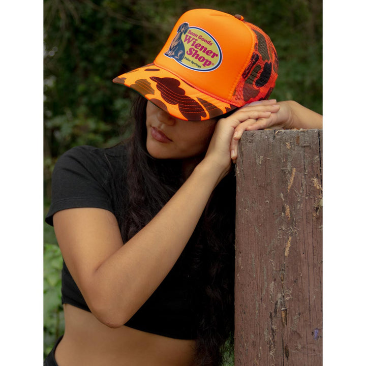 wiener shop hat | hunter orange camo - bean goods