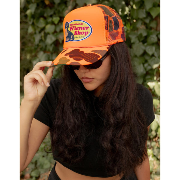 wiener shop hat | hunter orange camo - bean goods