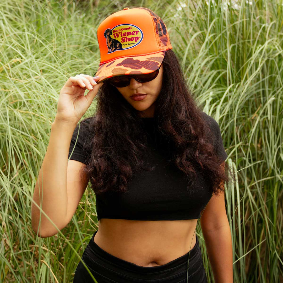 wiener shop hat | hunter orange camo - bean goods