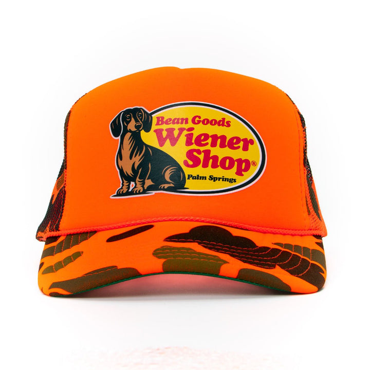 wiener shop hat | hunter orange camo - bean goods