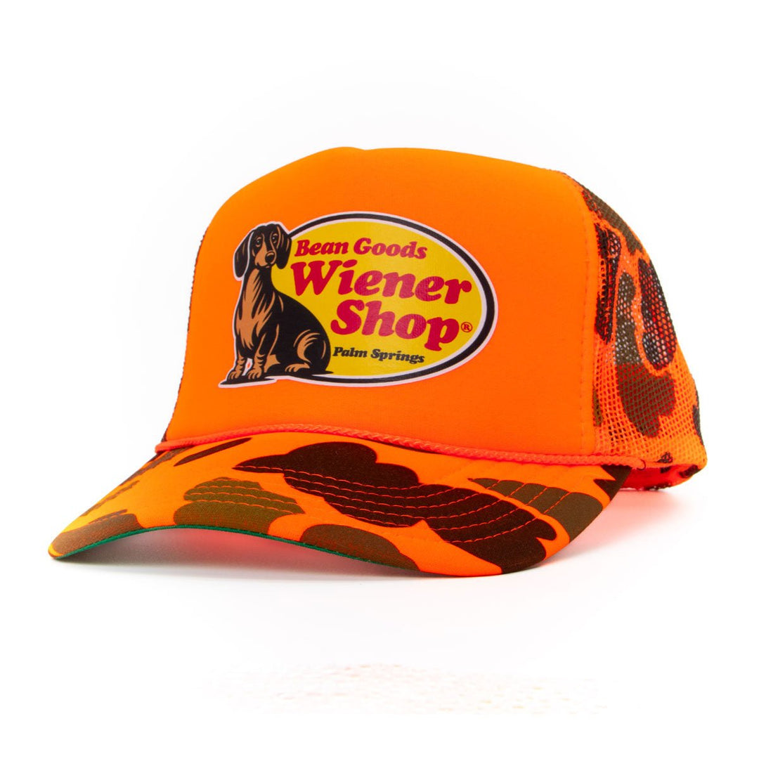 wiener shop hat | hunter orange camo - bean goods