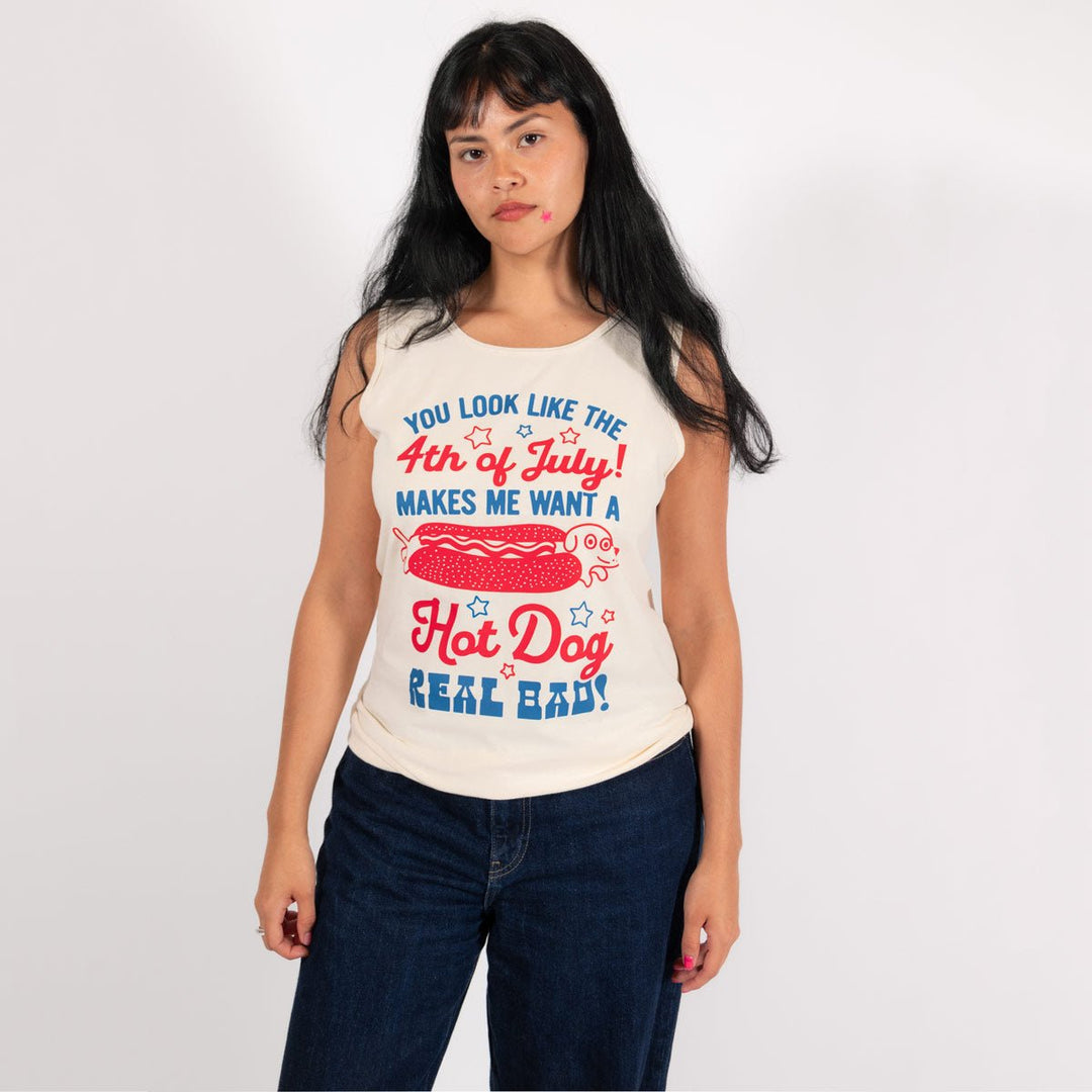 4th of July hot dog unisex tank | cream - bean goods