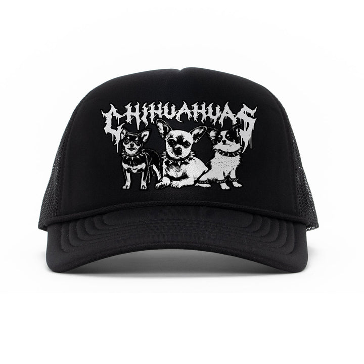 heavy metal hounds trucker hat | chihuahua