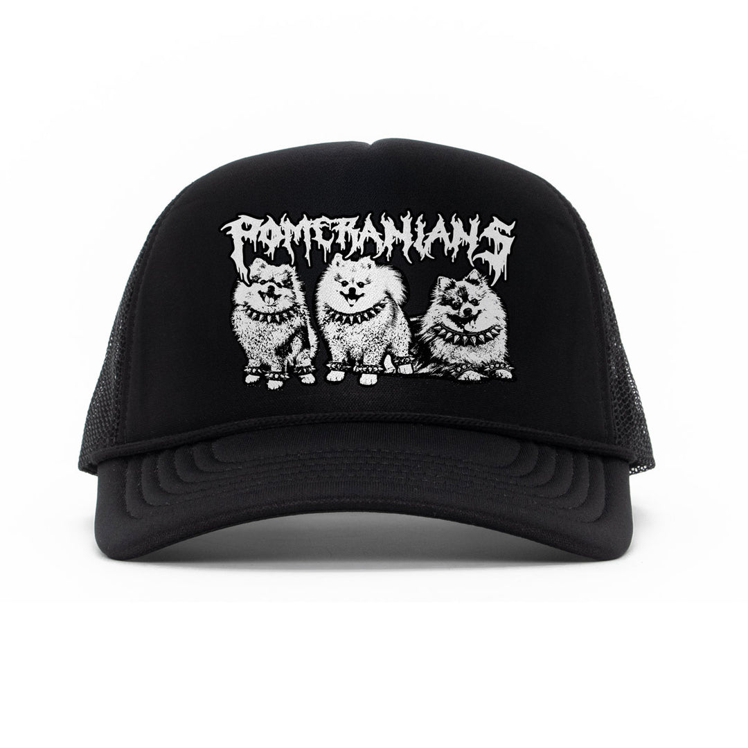 Black cap with white graphic design of three dogs and text on a white background