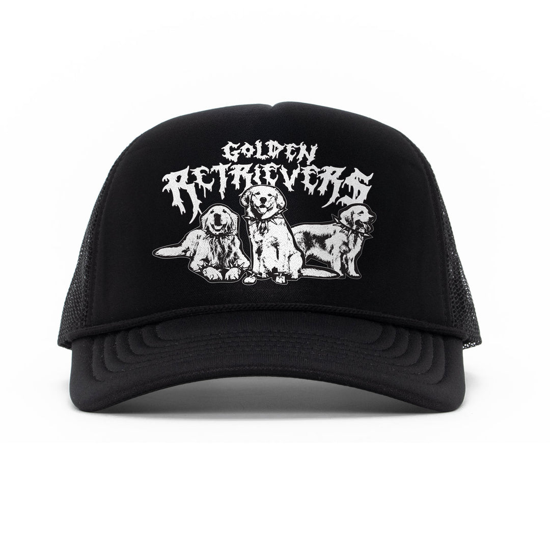 heavy metal hounds trucker hat | golden retriever