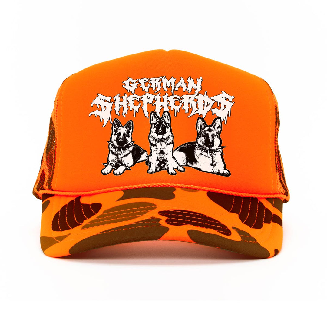 heavy metal hounds trucker hat | german shepherd | orange camo
