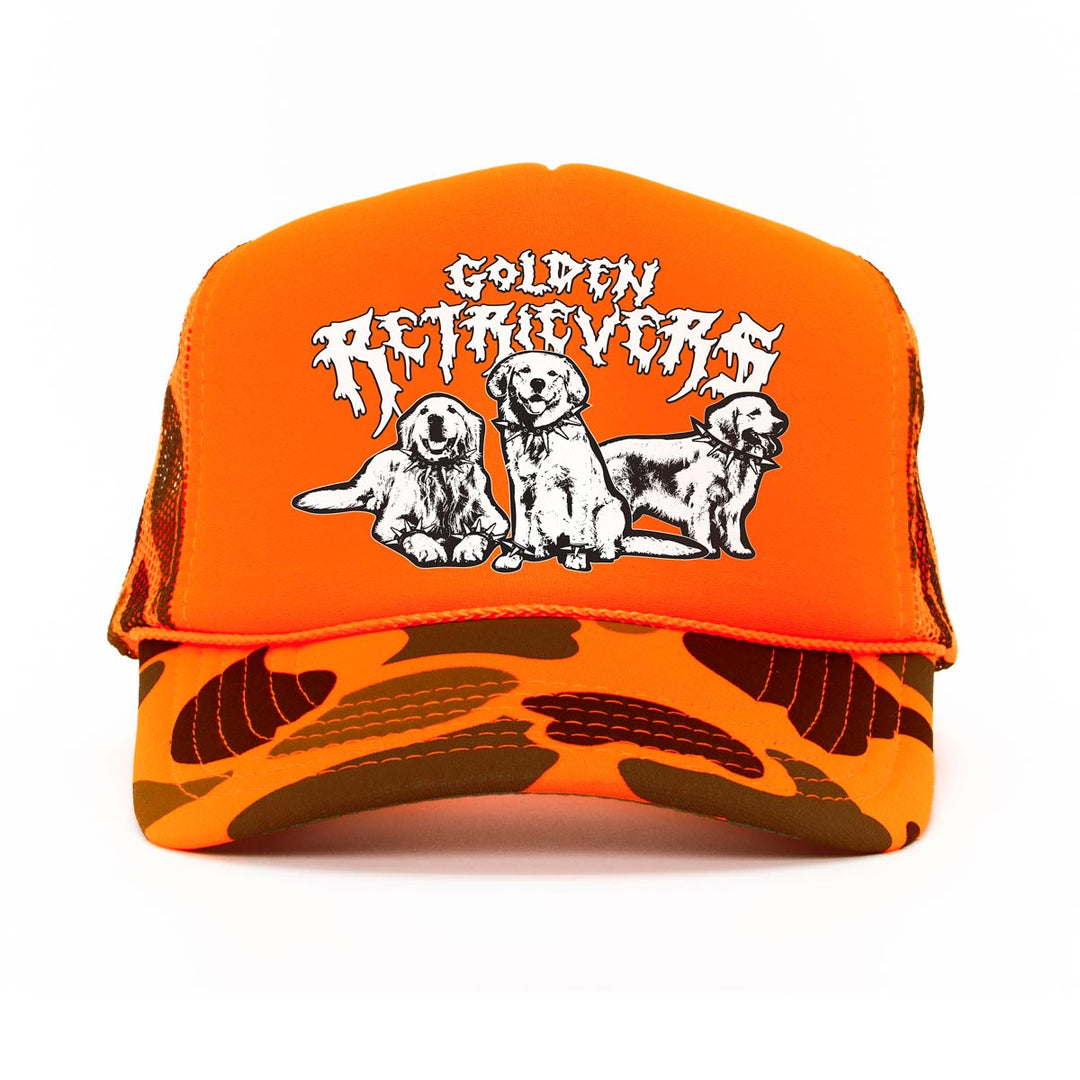 heavy metal hounds trucker hat | golden retriever | orange camo