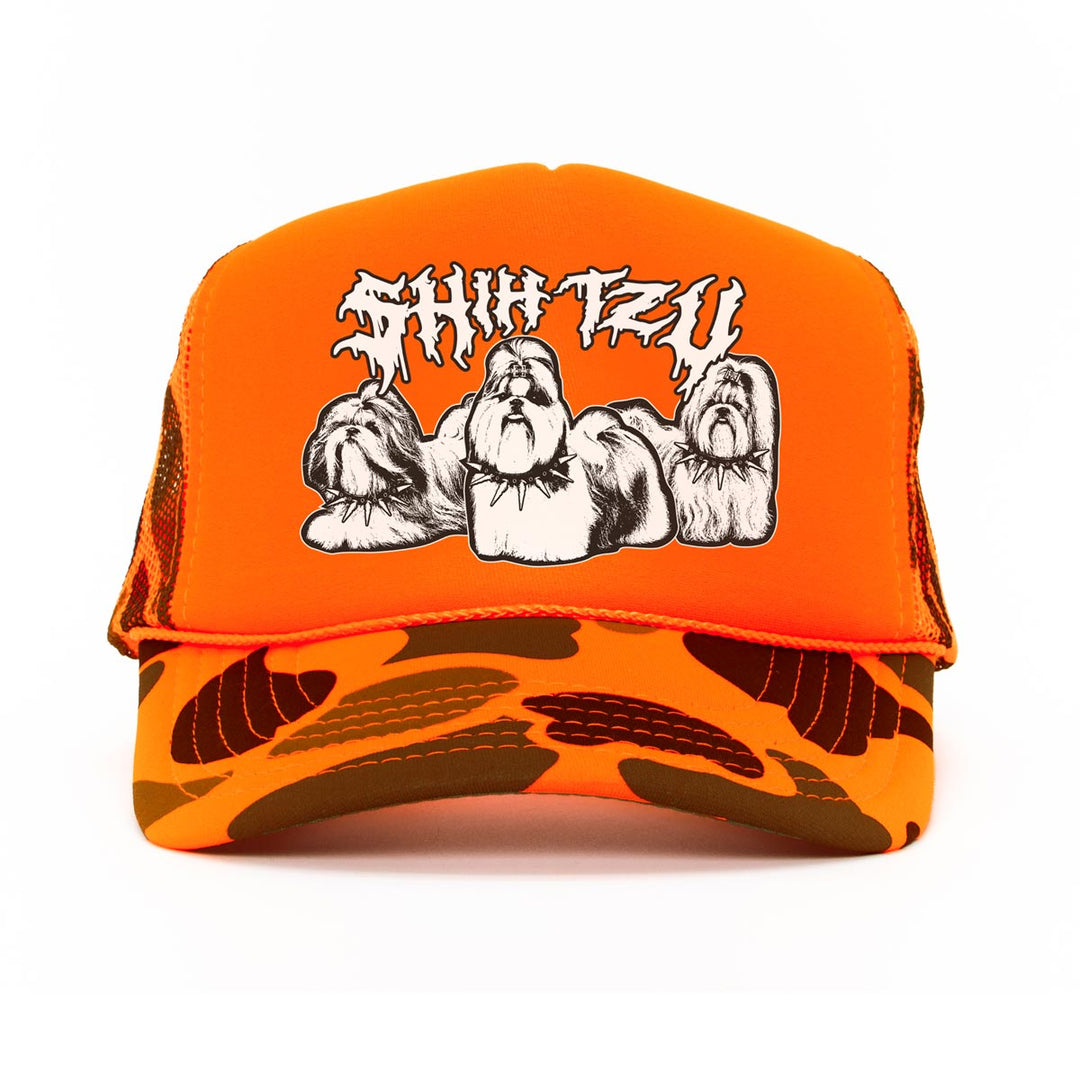 heavy metal hounds trucker hat | shih tzu | orange camo
