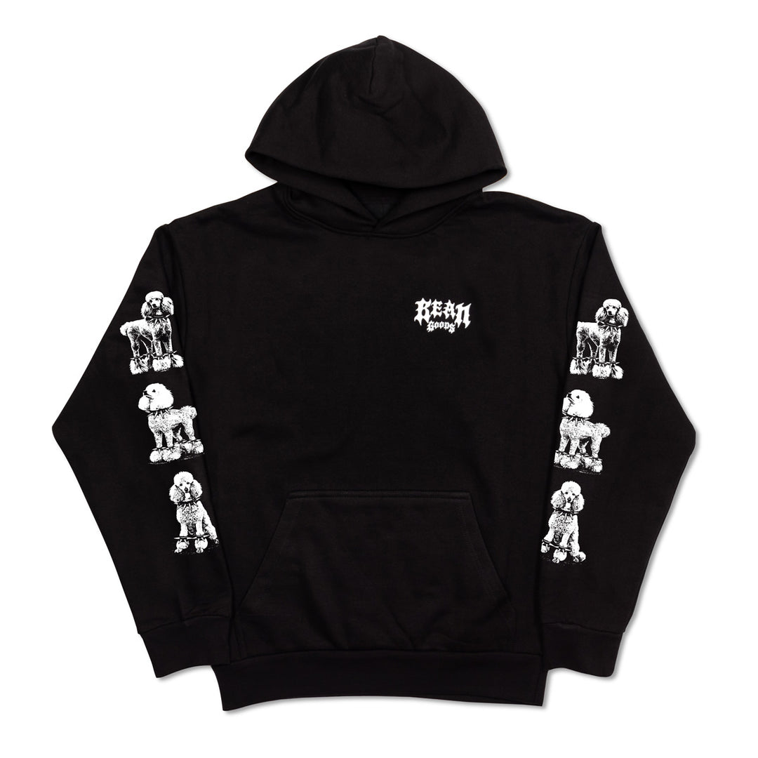 A black pullover hoodie with white graphic prints, featuring a gothic-style 'BEAN GOODS' logo on the chest, dog illustrations down both sleeves, and a front kangaroo pocket, shown against a plain white background.