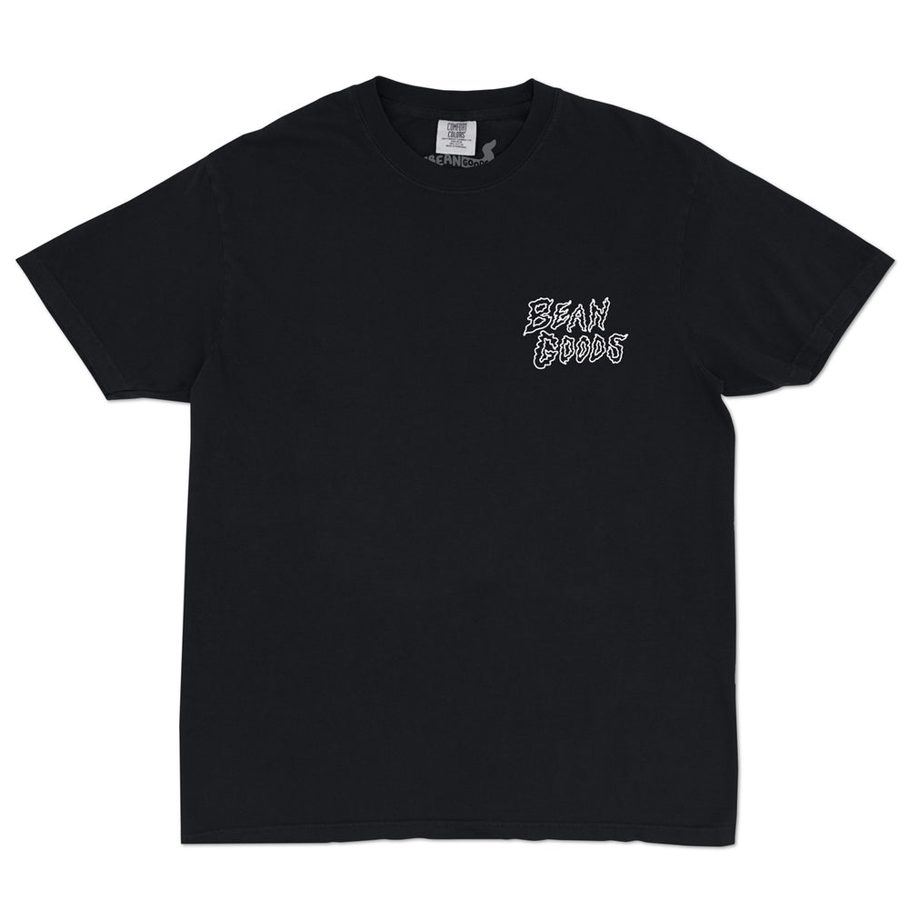 A black short-sleeve crewneck t-shirt with a white graphic text print reading 'Bean Goods' on the left chest, displayed flat against a solid white background.