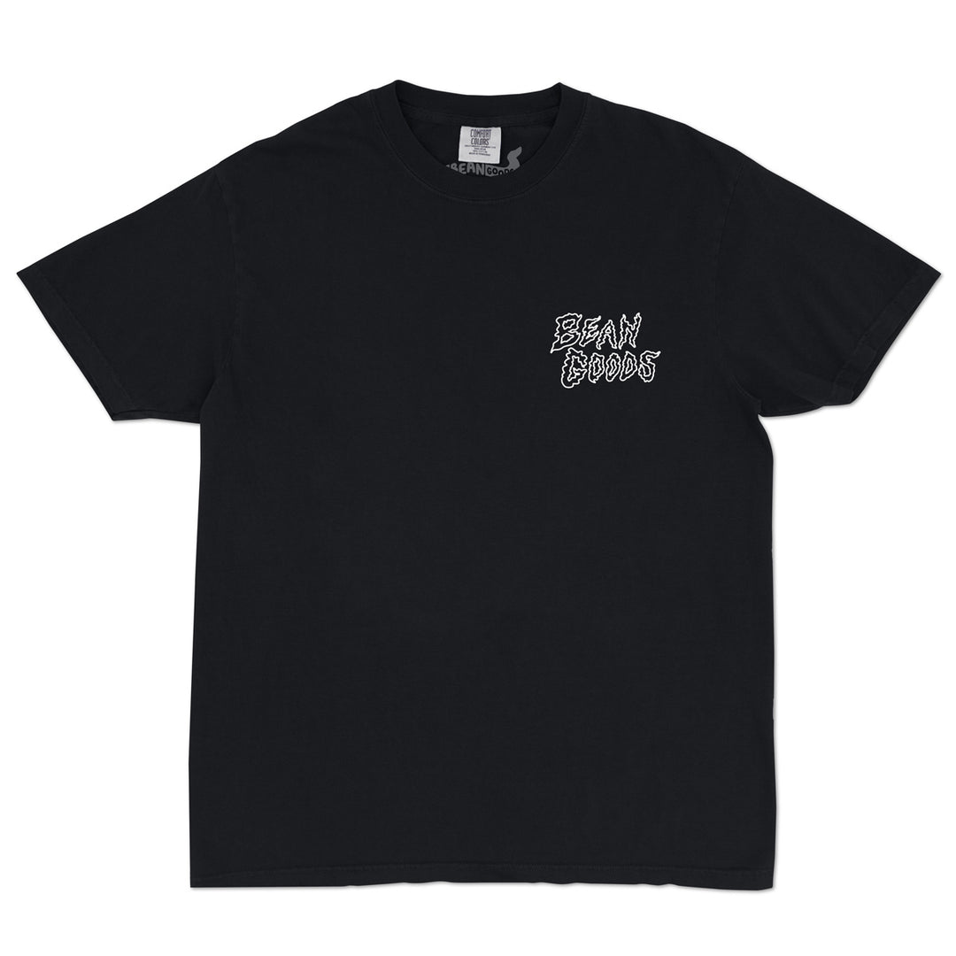 A black short-sleeve crewneck t-shirt with a white graphic text print reading 'Bean Goods' on the left chest, displayed flat against a solid white background.