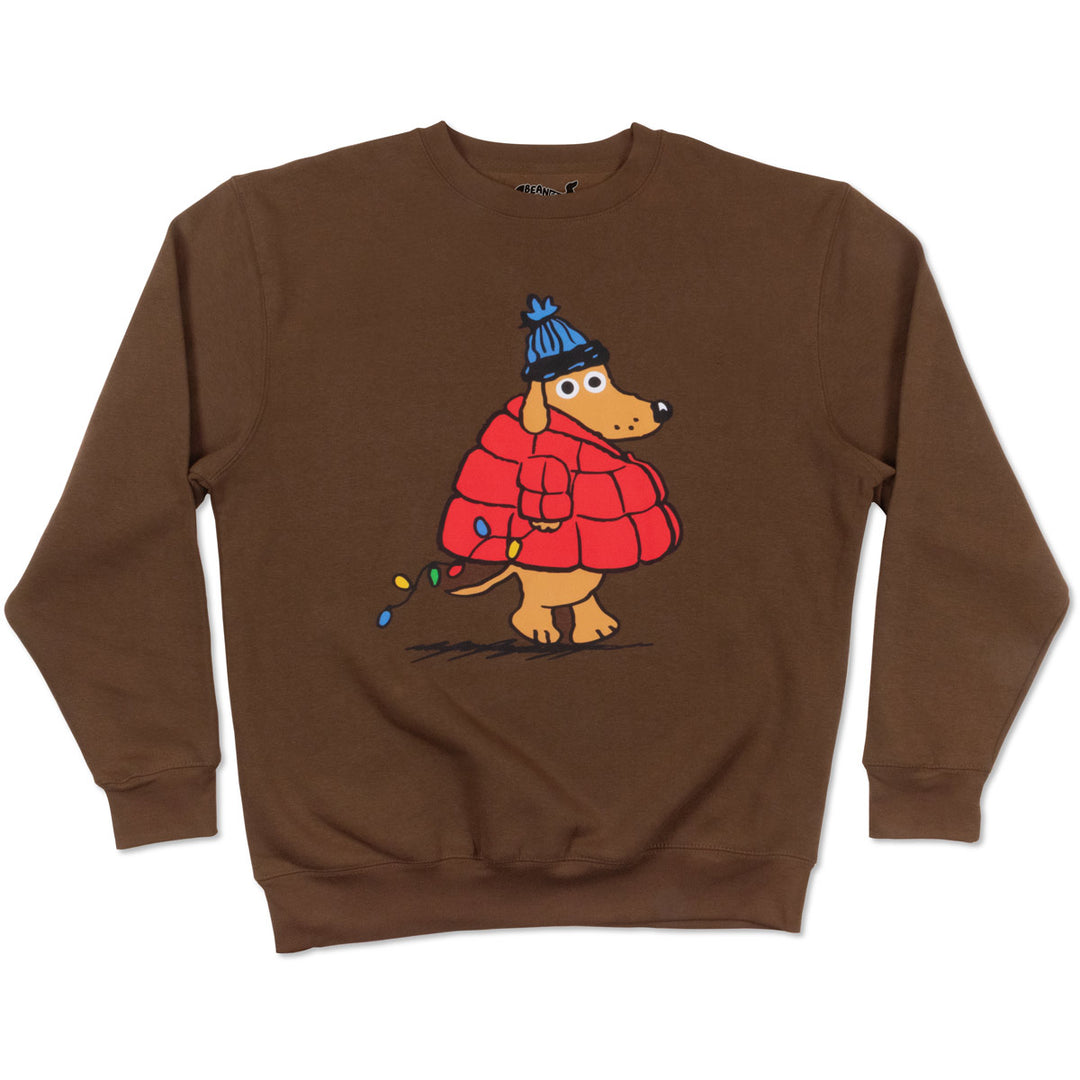 Brown sweatshirt with a cartoon dog design on a white background