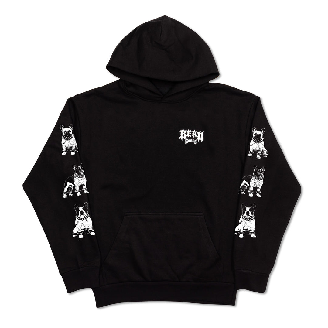 Black pullover hoodie with 'Bean Goods' gothic lettering on the left chest and repeating white French Bulldog illustrations down both sleeves