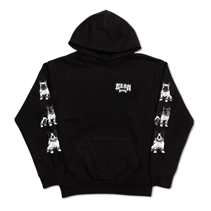 Black pullover hoodie with 'Bean Goods' gothic lettering on the left chest and repeating white French Bulldog illustrations down both sleeves