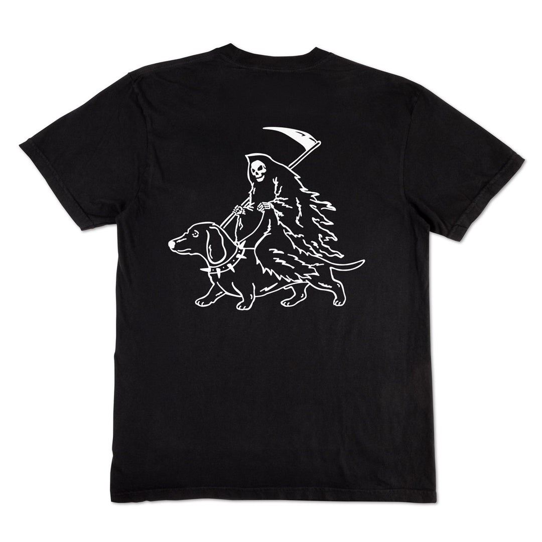 A black short-sleeve t-shirt shown from the back, featuring a white graphic print of a grim reaper riding a dachshund.