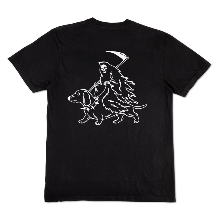 A black short-sleeve t-shirt shown from the back, featuring a white graphic print of a grim reaper riding a dachshund.