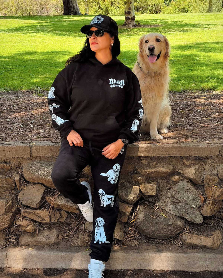heavy metal hounds trucker hat | golden retriever