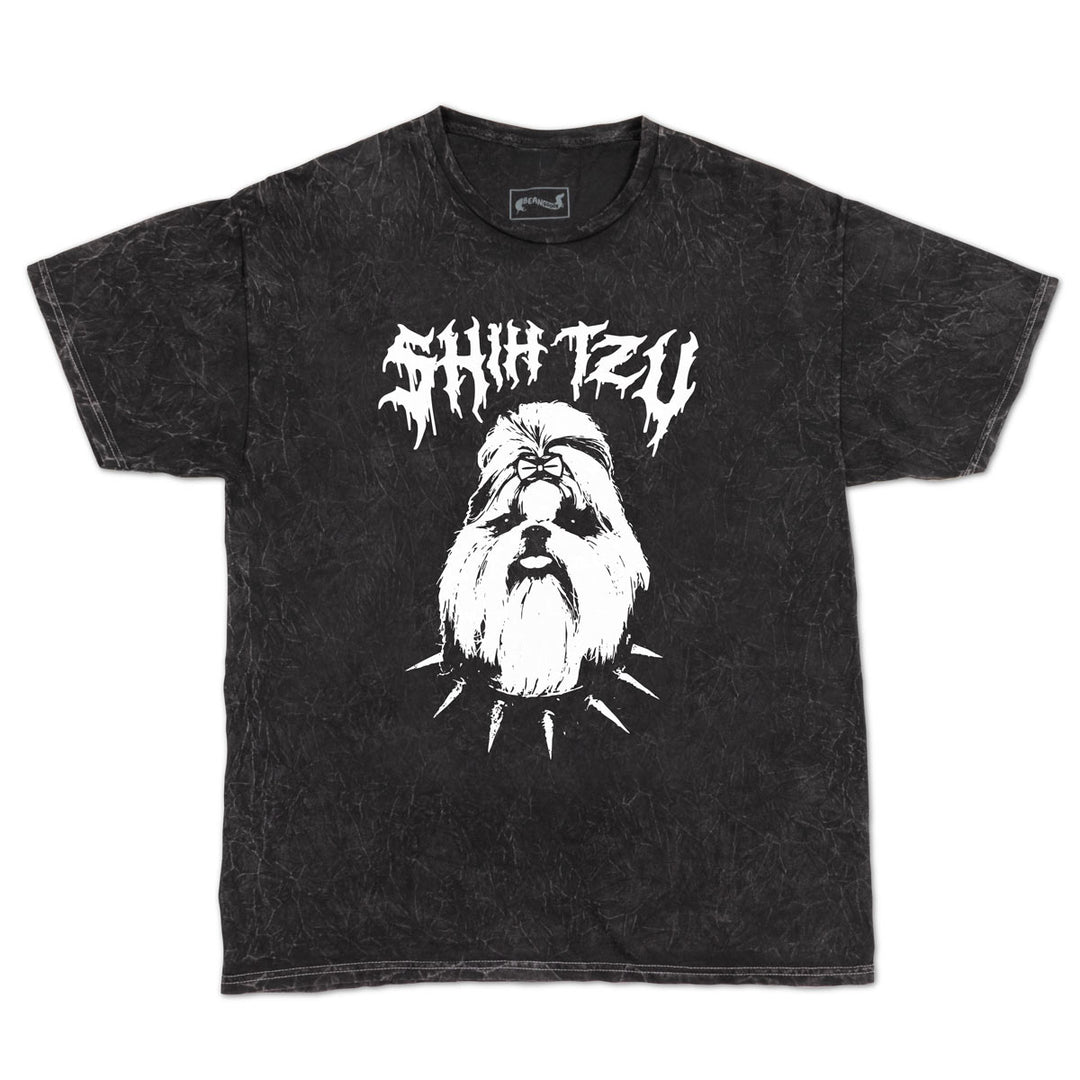 A black acid-wash graphic t-shirt featuring a white stylized metal logo that reads 'Shih Tzu' above a white graphic of a dog with a long beard and pointed spikes.