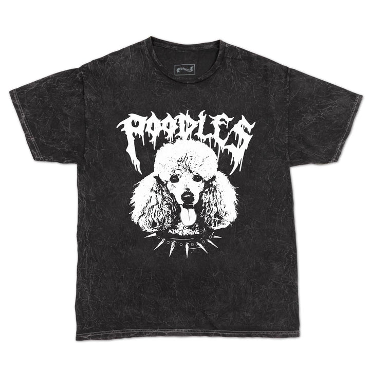 A black acid-wash short-sleeve t-shirt featuring a white graphic of a poodle with the word 'Poodles' in a spiky metal font above it, displayed flat against a white background.