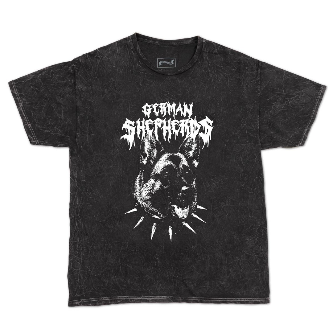 A black acid-wash short-sleeve t-shirt featuring a white graphic print of a German Shepherd dog displayed flat against a white background.