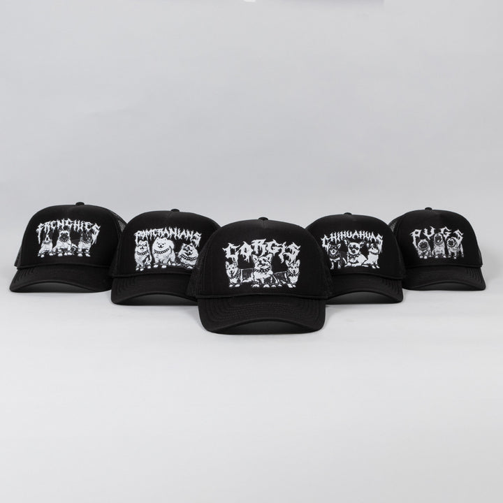 Five black baseball caps with white graphic designs on a light gray background
