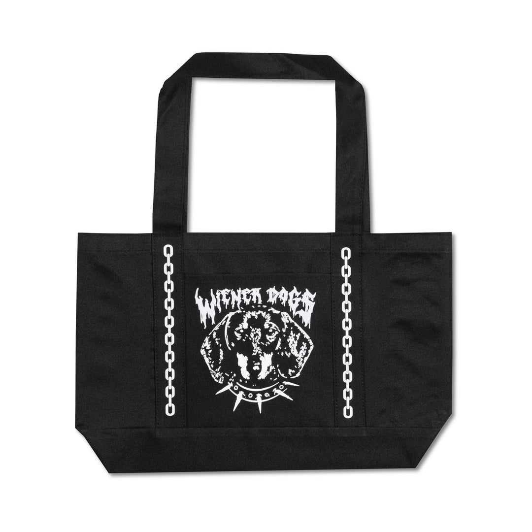 A black canvas tote bag with two top handles, featuring a white graphic print on the front. The graphic includes the text 'WIENER DOGS' in a jagged, stylized font above a circular emblem with a dog's face, flanked by vertical white chain illustrations.