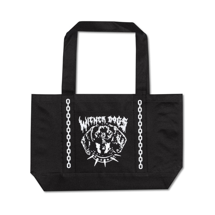 A black canvas tote bag with two top handles, featuring a white graphic print on the front. The graphic includes the text 'WIENER DOGS' in a jagged, stylized font above a circular emblem with a dog's face, flanked by vertical white chain illustrations.