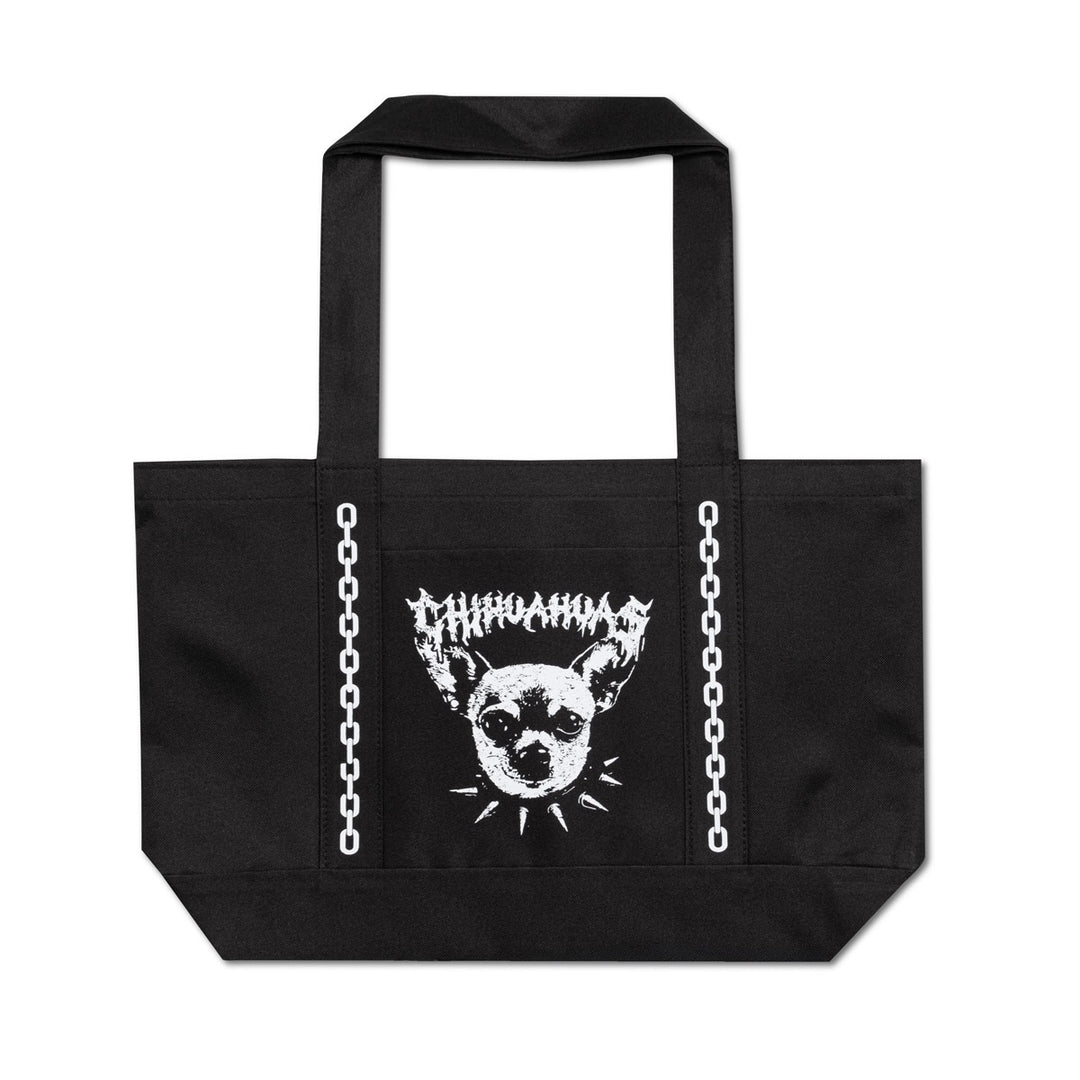 A black canvas tote bag with two white graphic prints: a stylized Chihuahua head with the word 'CHIHUAHA' above it and white chain graphics running down the sides. The bag is photographed flat against a solid white background.