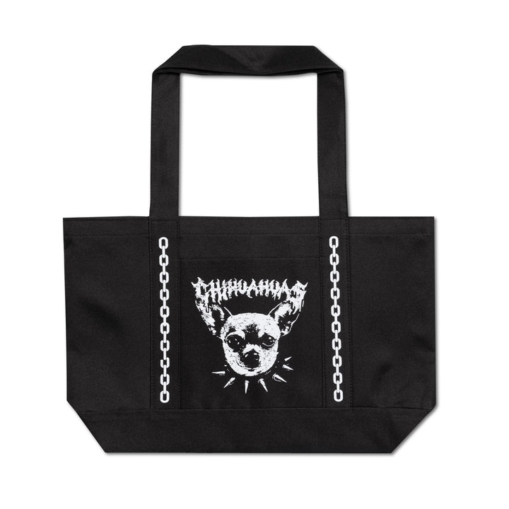 A black canvas tote bag with two white graphic prints: a stylized Chihuahua head with the word 'CHIHUAHA' above it and white chain graphics running down the sides. The bag is photographed flat against a solid white background.