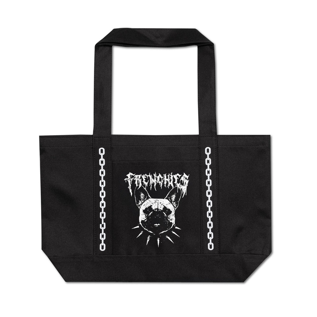 A black canvas tote bag with two shoulder straps, featuring a white graphic print of a Frenchies dog head with chains and the word 'FRENCHIES' on the front, set against a plain white background.