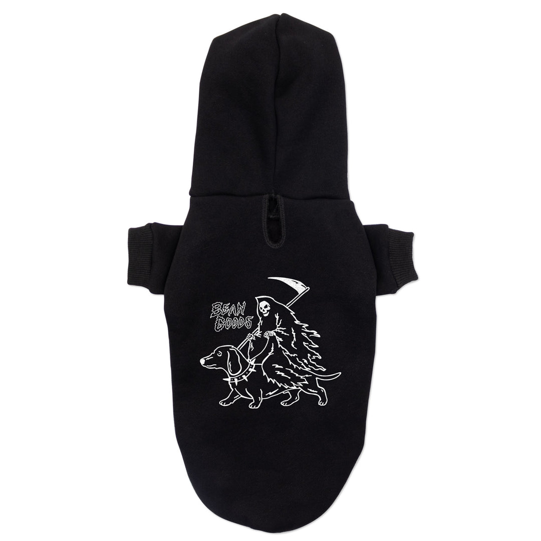A black pet hoodie with a white graphic of a grim reaper riding a dachshund, featuring ribbed cuffs, shown on a plain white background.