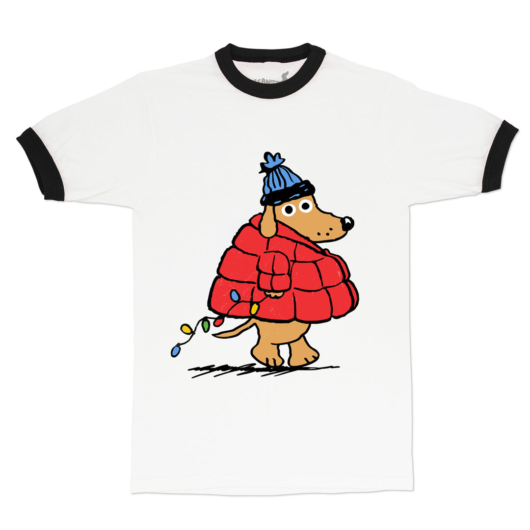 White t-shirt with a cartoon dog wearing a red coat and blue hat, holding Christmas lights.