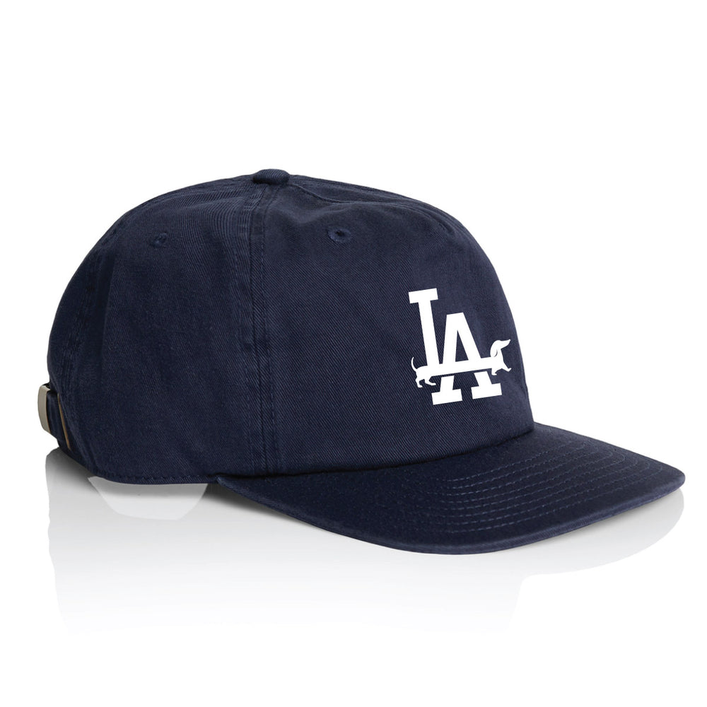Navy blue cap with white logo on a white background