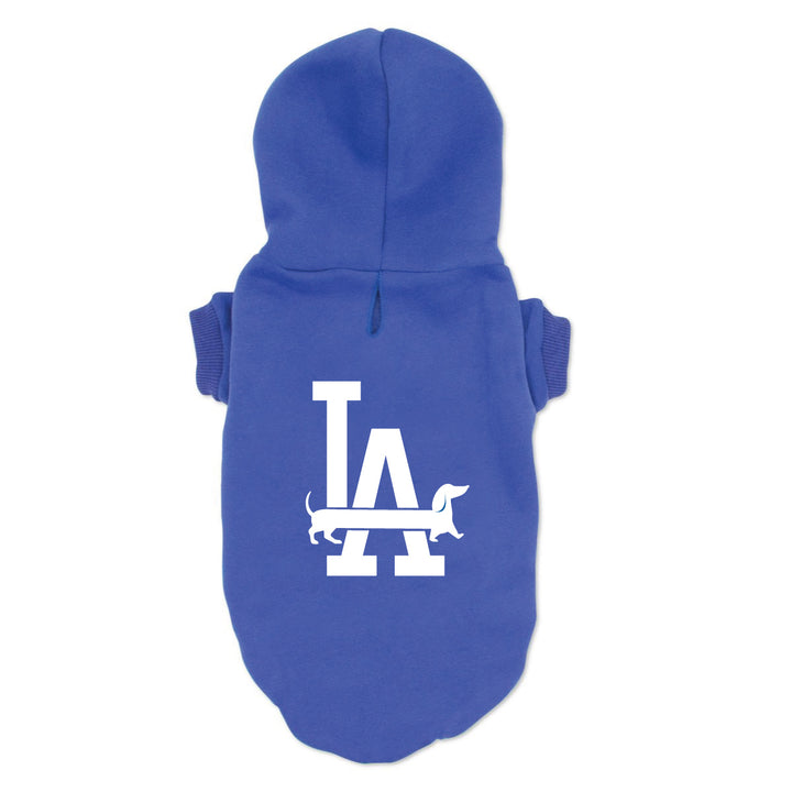 Blue dog hoodie with white logo on a white background