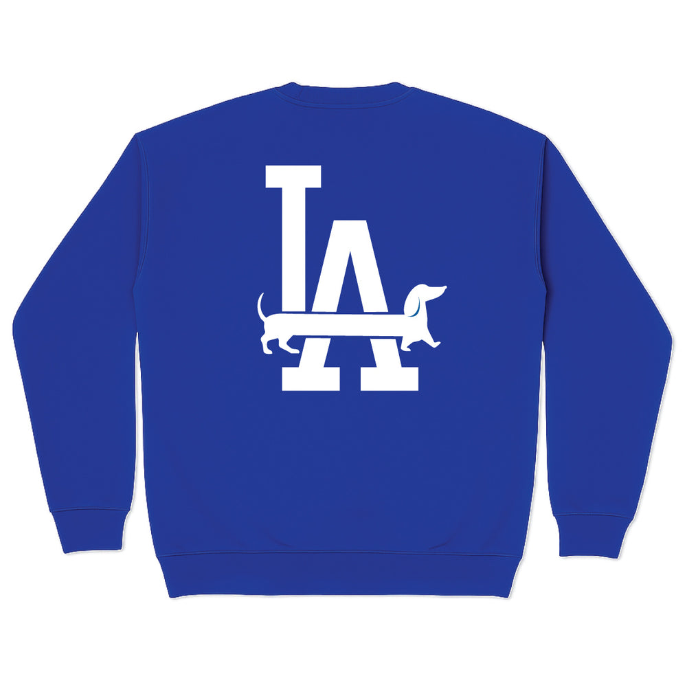 Blue sweatshirt with white 'LA' logo on a white background