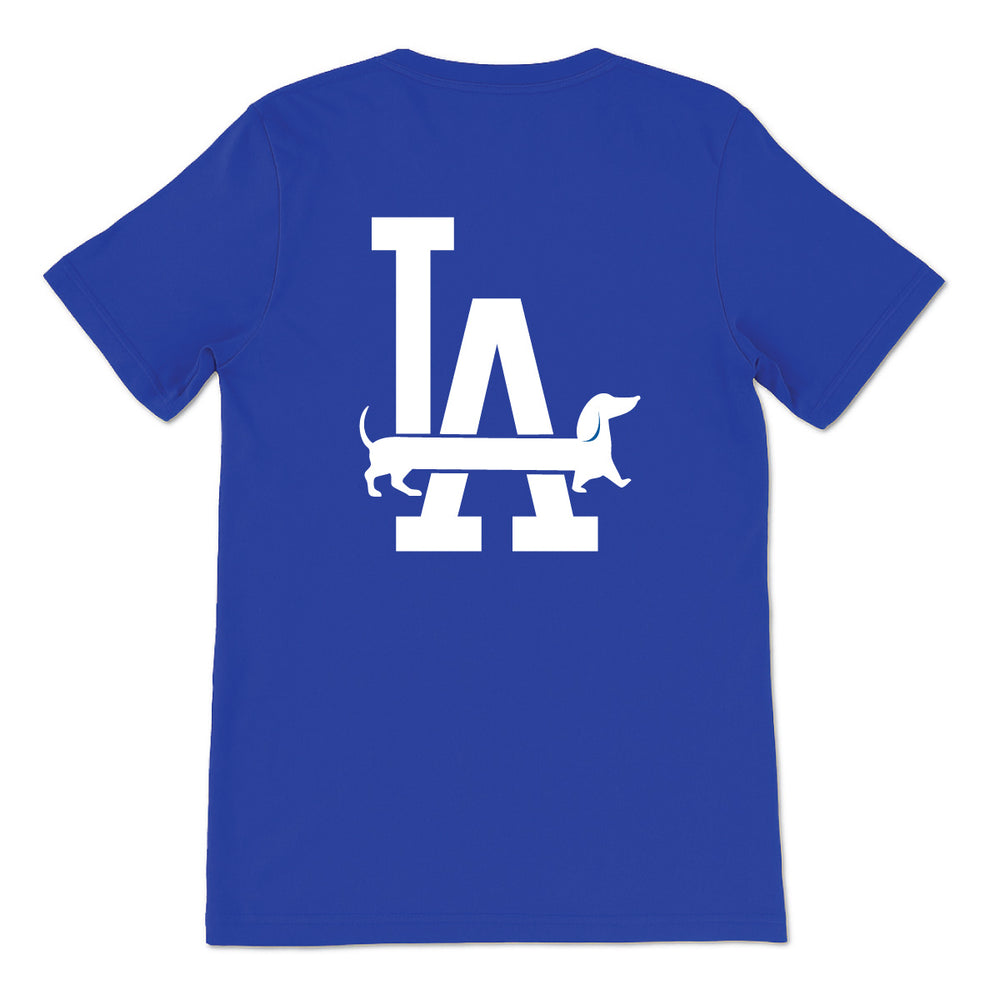 Blue t-shirt with white 'LA' logo on the back against a white background