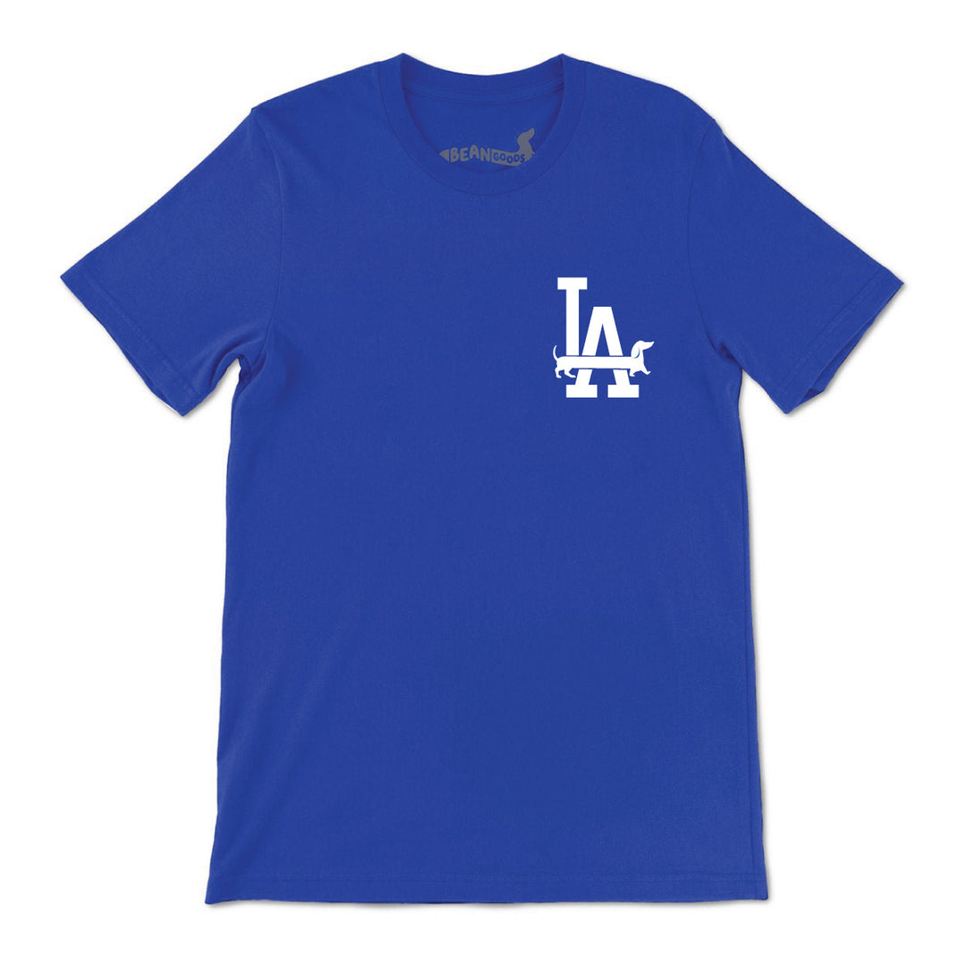 Blue t-shirt with white logo on a white background