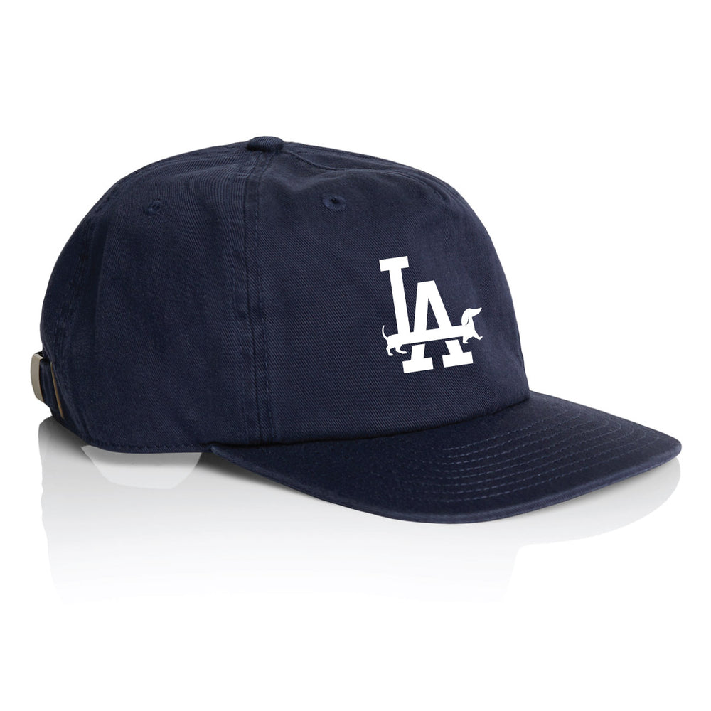 Navy blue cap with white LA logo on a white background