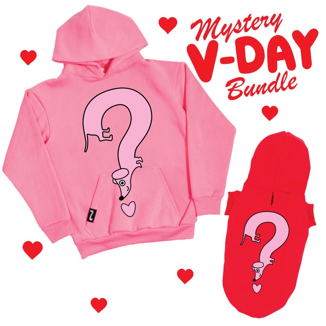 Pink hoodie with cartoon dog design and red dog hoodie with matching design, surrounded by hearts and 'Mystery V-Day Bundle' text.