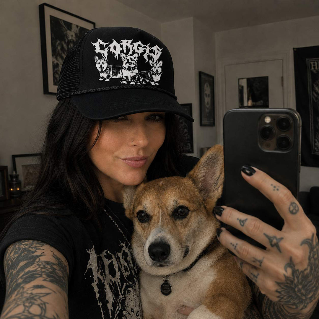 heavy metal hounds trucker hat | corgi
