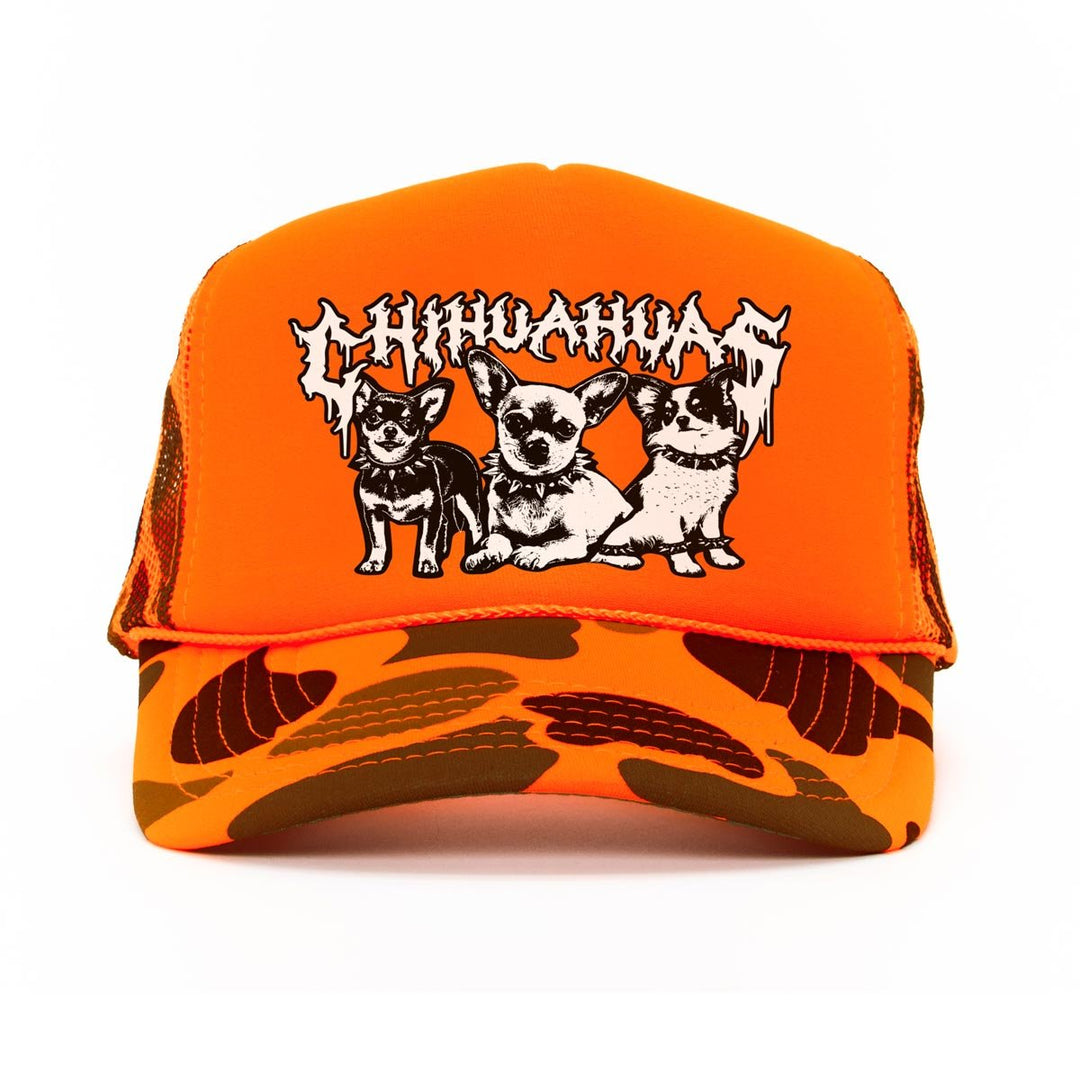 heavy metal hounds trucker hat | chihuahua | orange camo - bean goods