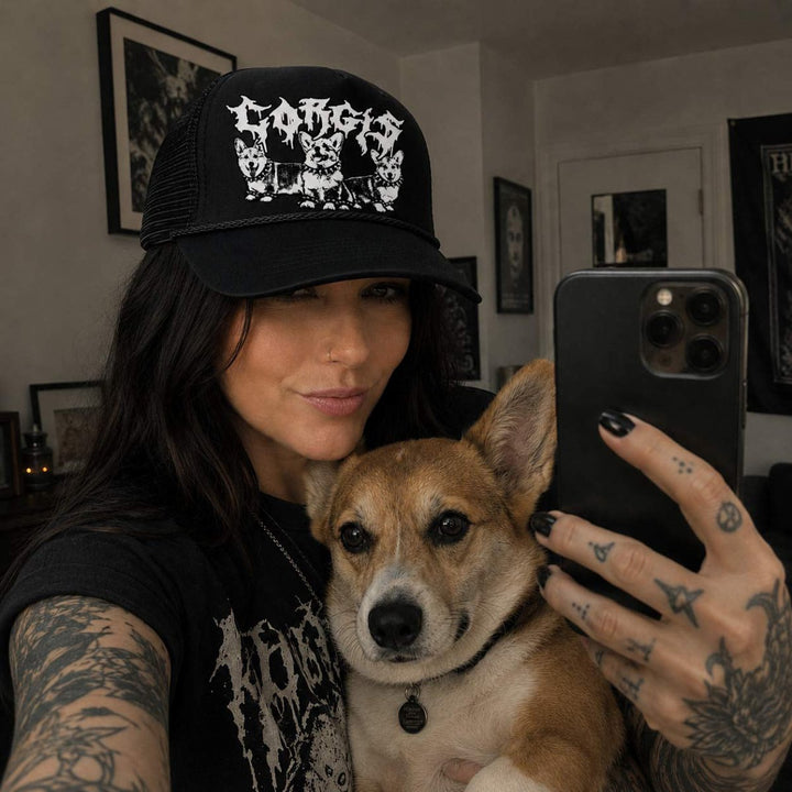 heavy metal hounds trucker hat | corgi - bean goods