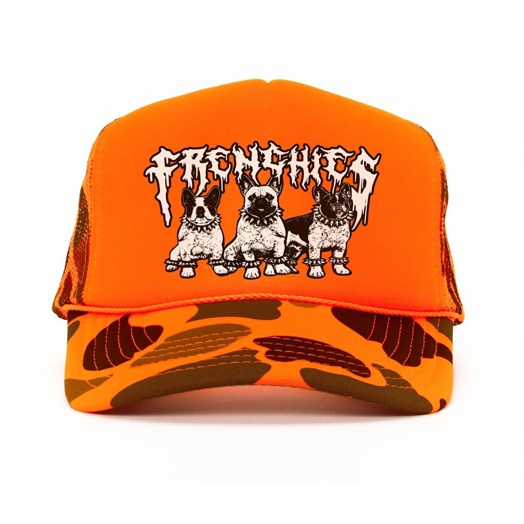heavy metal hounds trucker hat | frenchie | orange camo - bean goods