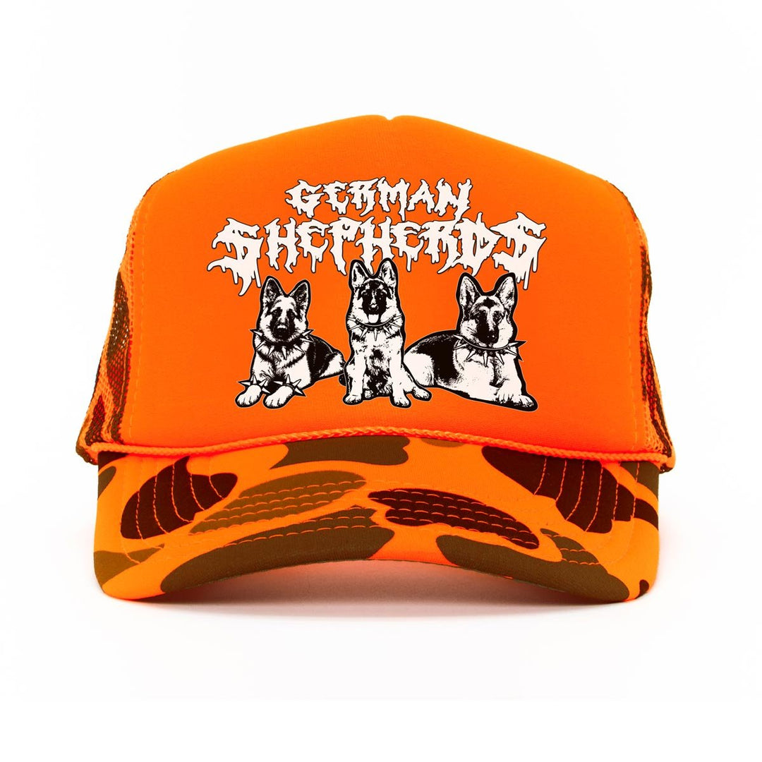 heavy metal hounds trucker hat | german shepherd | orange camo - bean goods