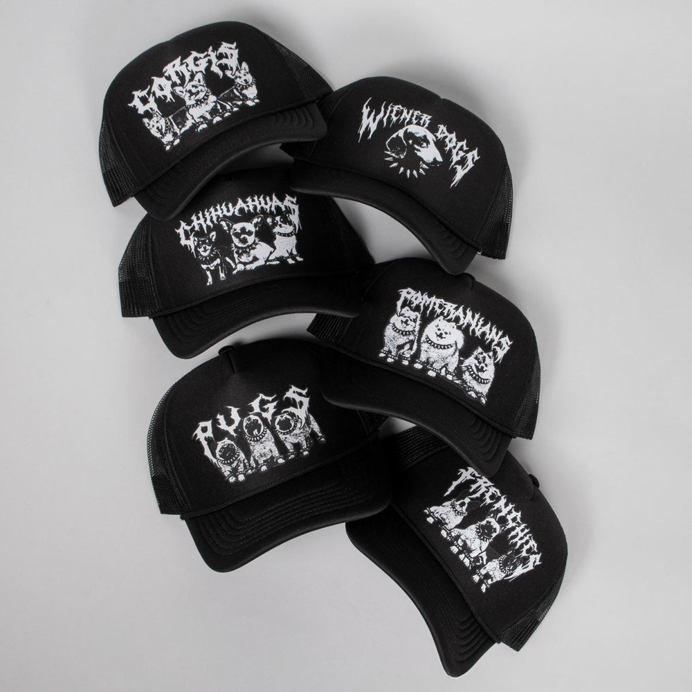 heavy metal hounds trucker hat | pomeranian - bean goods