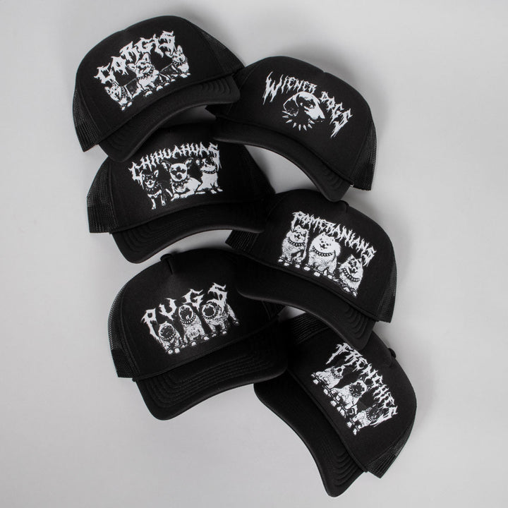 heavy metal hounds trucker hat | pomeranian - bean goods