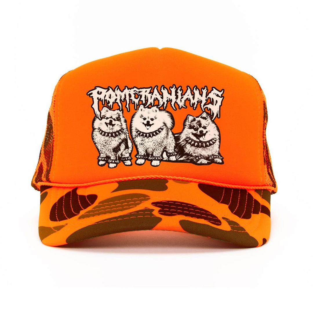 heavy metal hounds trucker hat | pomeranian | orange camo - bean goods